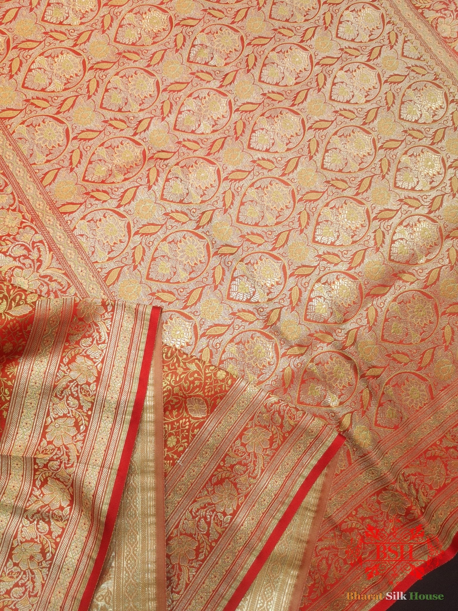 Red Dohri Resham Zari Booti Tanchoi Silk Saree - Bharat Silk House Tanchoi katan
