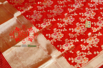 Red Floral Jaal Woven Banarasi kataan Silk Dupatta - Bharat Silk House Pure Silk Dupatta