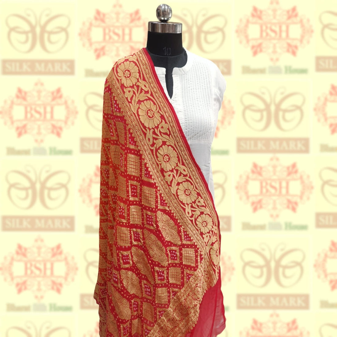 Red Georgette Banarasi Handloom Bandhani Dupatta - Bharat Silk House Bandhej