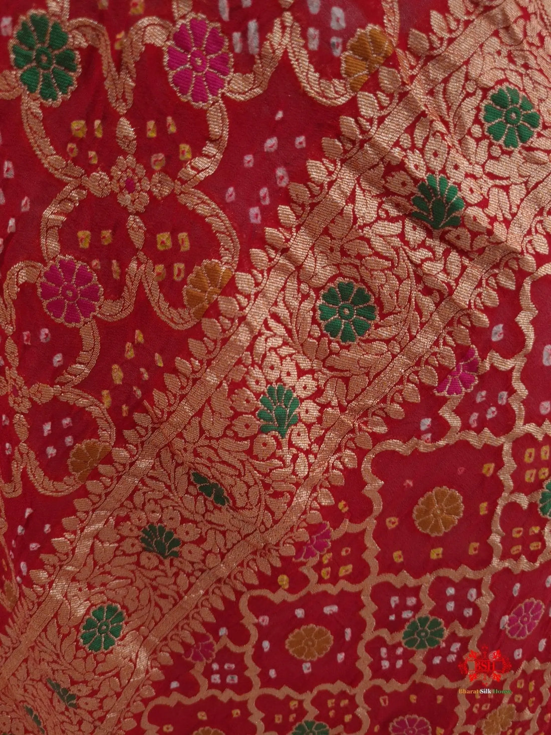 Red Georgette Banarasi Handloom Menakari Bandhani Dupatta - Bharat Silk House Bandhej