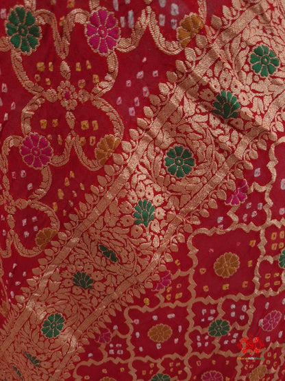 Red Georgette Banarasi Handloom Menakari Bandhani Dupatta - Bharat Silk House Bandhej