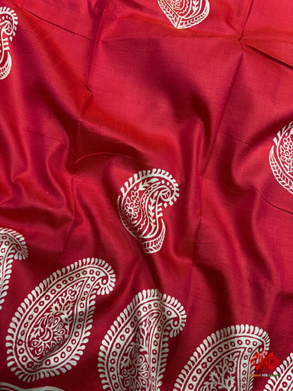 Red With Green Pallu Pure Katan Lightweight Digital Art Summer Wear Saree - Bharat Silk House katan silk