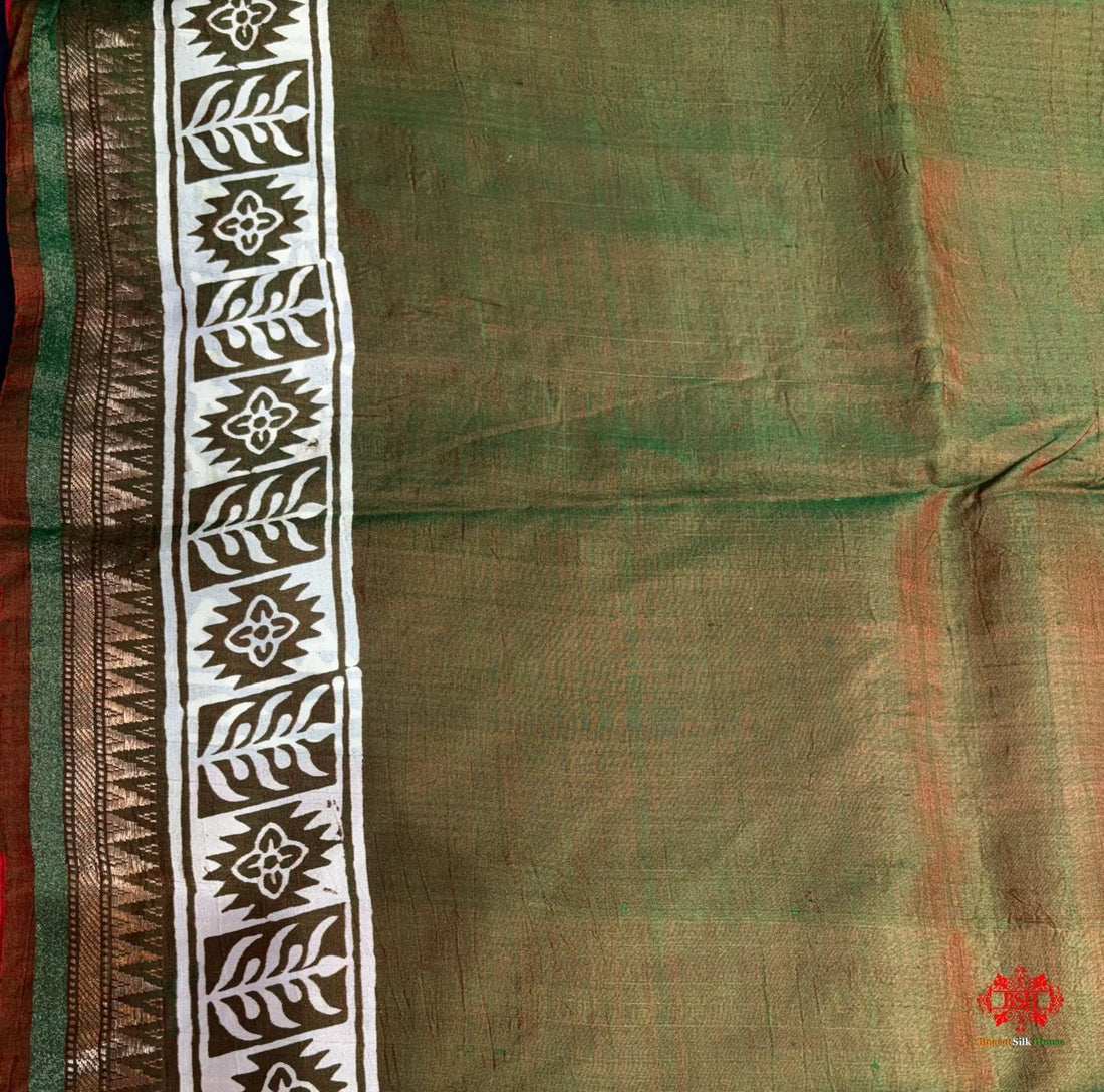 Red With Green Pallu Pure Katan Lightweight Digital Art Summer Wear Saree - Bharat Silk House katan silk