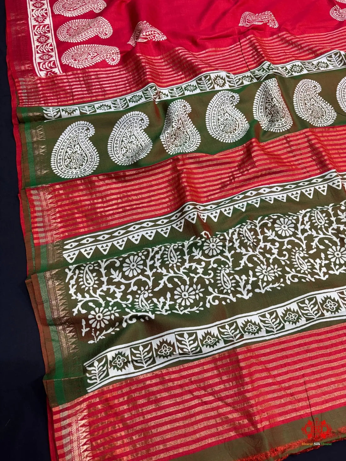 Red With Green Pallu Pure Katan Lightweight Digital Art Summer Wear Saree - Bharat Silk House katan silk
