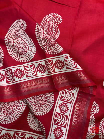 Red With Green Pallu Pure Katan Lightweight Digital Art Summer Wear Saree - Bharat Silk House katan silk