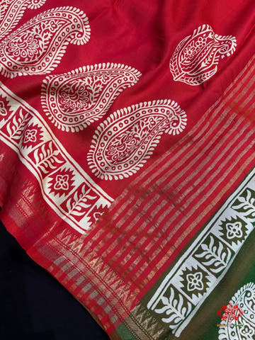 Red With Green Pallu Pure Katan Lightweight Digital Art Summer Wear Saree - Bharat Silk House katan silk