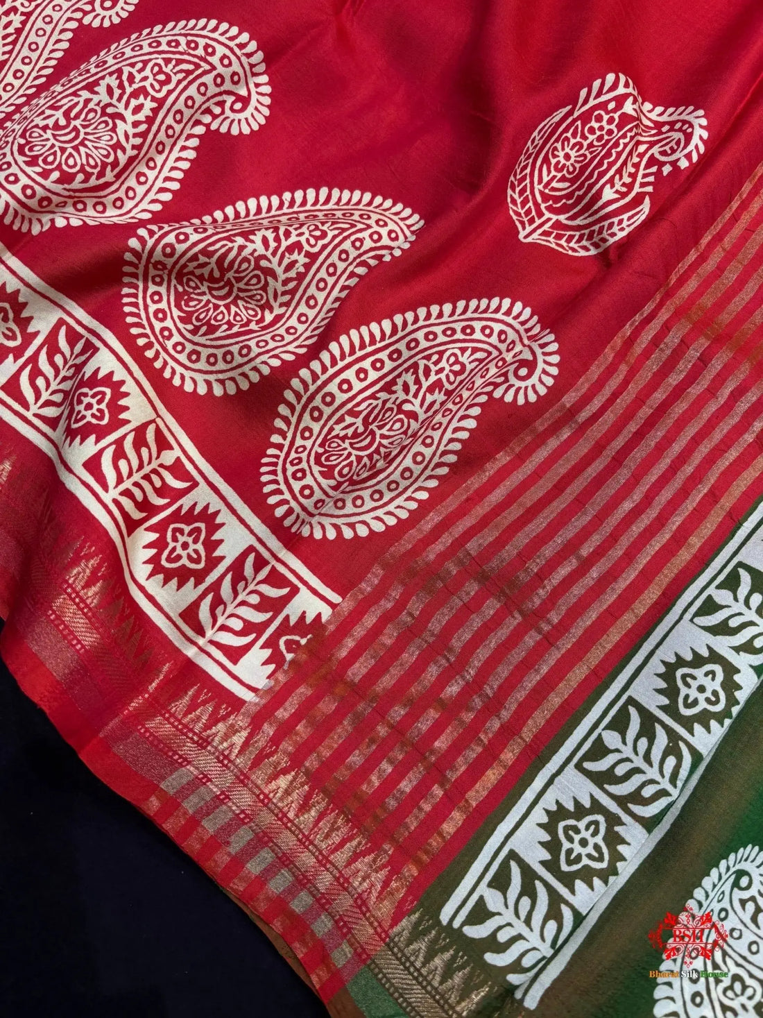 Red With Green Pallu Pure Katan Lightweight Digital Art Summer Wear Saree - Bharat Silk House katan silk