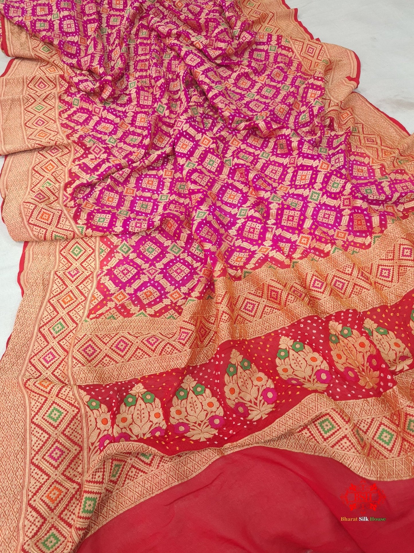 Red/Pink Georgette Banarasi Handloom Meenakari Bandhani Dupatta - Bharat Silk House Bandhej