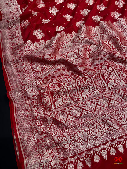Pure Silk Crape Khaddi Georgette Saree With Antique Zari In Shades Of Blush Red -  - 
