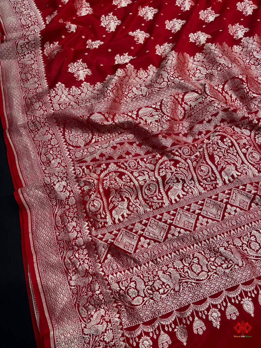 Pure Silk Crape Khaddi Georgette Saree With Antique Zari In Shades Of Blush Red -  -