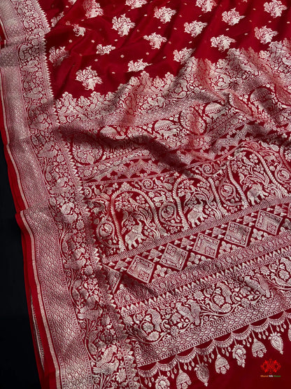 Pure Silk Crape Khaddi Georgette Saree With Antique Zari In Shades Of Blush Red -  -