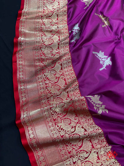 Pure Banarasi  Handloom Katan Silk  Antique Dual Zari Saree In Shades Of Wine - Pure Kataan Silk - 