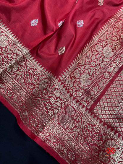 Pure Banarasi  Handloom Katan Silk  Antique Dual  Zari Saree In Shades Of Red - Pure Kataan Silk - 