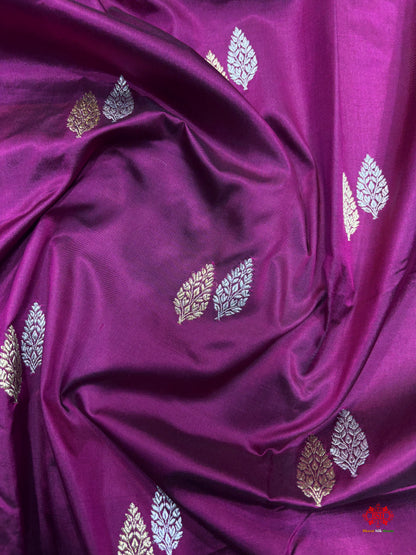 Pure Banarasi  Handloom Katan Silk  Antique Dual Zari Saree In Shades Of Wine - Pure Kataan Silk - 