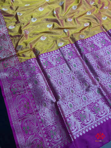 Pure Banarasi  Handloom Katan Silk Antique Meena Zari Saree In Cross Shades Of Yellow/Pink - Pure Kataan Silk -