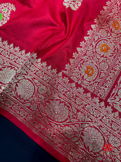 Pure Banarasi  Handloom Katan Silk Antique Zari Meenakari Saree In Shades Of Red - Pure Kataan Silk - 