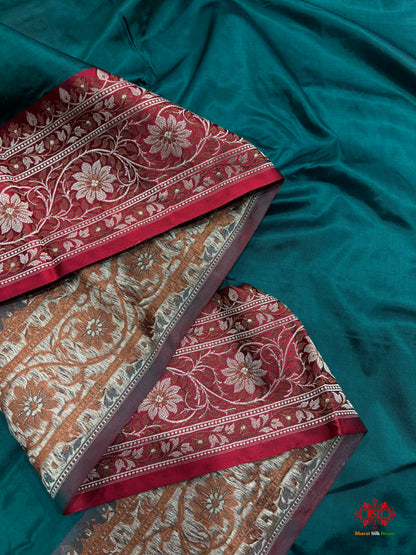 Pure Banarasi  Handloom Katan Silk Reshami Zari Saree In Shades Of Cadmium Green With Red Border - Pure Kataan Silk - 