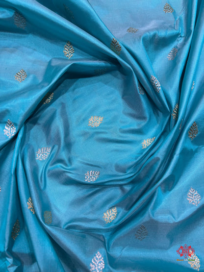 Pure Banarasi  Handloom Katan Silk  Antique Dual Zari Saree In Shades Of Firozi - Pure Kataan Silk - 