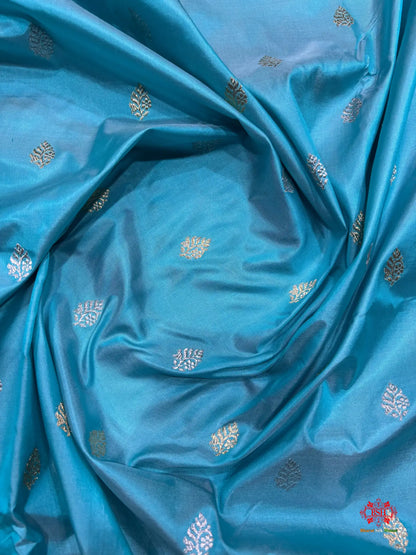 Pure Banarasi  Handloom Katan Silk  Antique Dual Zari Saree In Shades Of Firozi - Pure Kataan Silk -