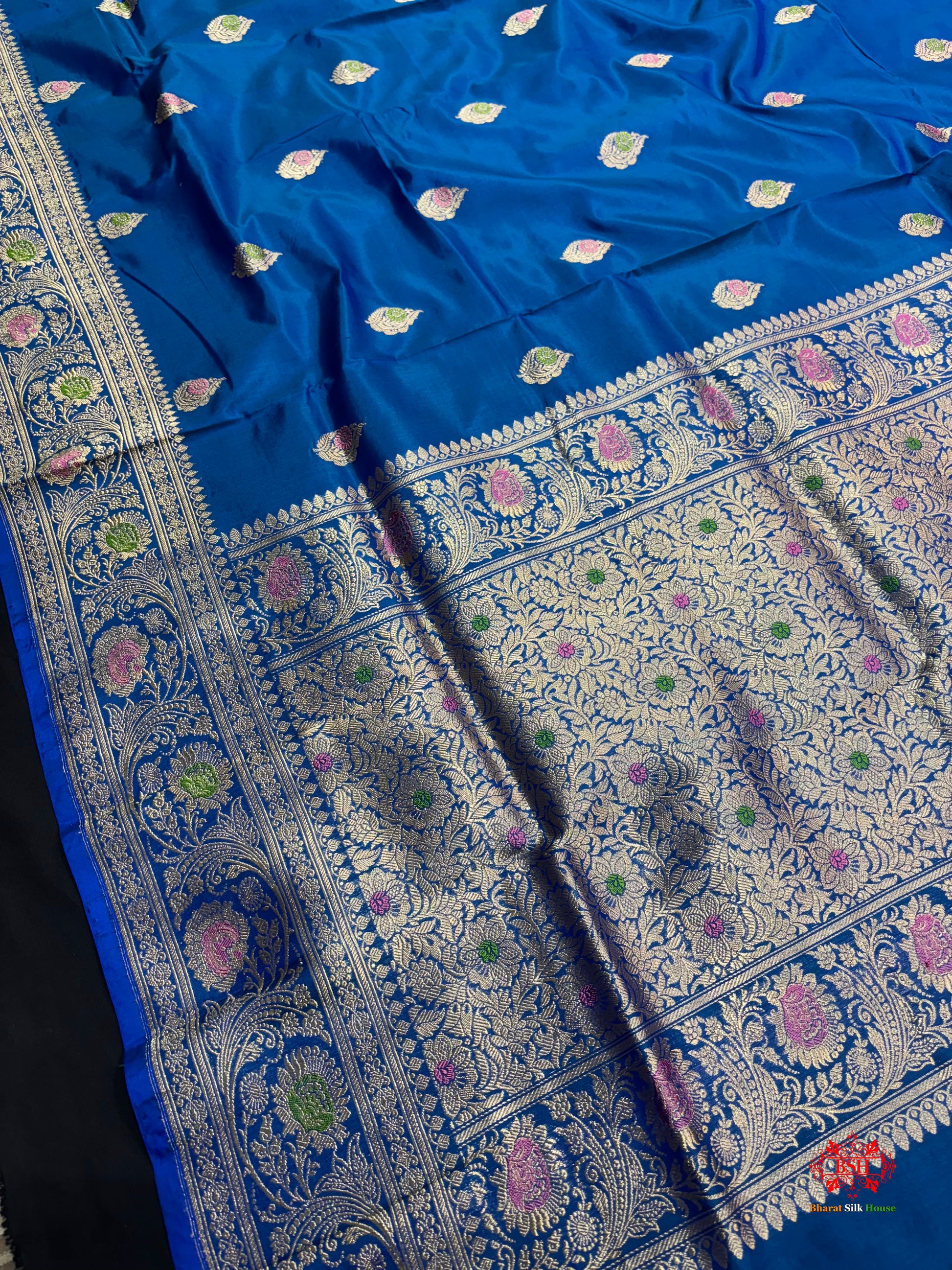 Pure Banarasi  Handloom Katan Silk Antique Meena Zari Saree In Shades Of Blue - Pure Kataan Silk - 