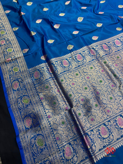 Pure Banarasi  Handloom Katan Silk Antique Meena Zari Saree In Shades Of Blue - Pure Kataan Silk - 