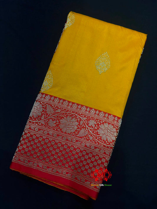 Pure Banarasi  Handloom Katan Silk Antique Zari Saree In Shades Of Yellow - Pure Kataan Silk - 
