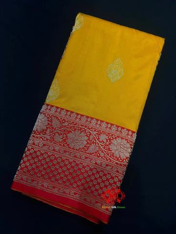 Pure Banarasi  Handloom Katan Silk Antique Zari Saree In Shades Of Yellow - Pure Kataan Silk -