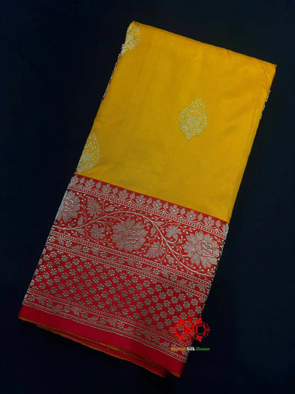 Pure Banarasi  Handloom Katan Silk Antique Zari Saree In Shades Of Yellow - Pure Kataan Silk -
