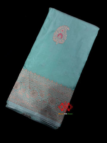 Pure Banarasi  Handloom Katan Silk Antique Zari Meenakari Saree In Shades Of Firozi - Pure Kataan Silk -