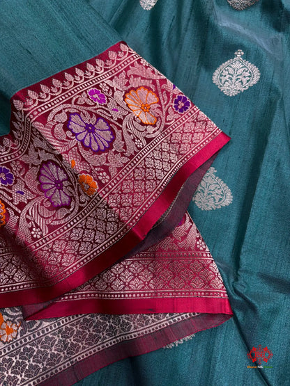 Green Shade With Meena Border Pure Banarasi Tusser Moonga Silk Saree - Pure Kataan Silk -