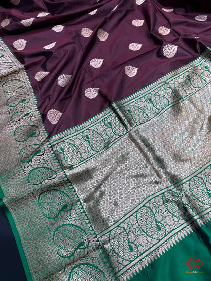 Pure Banarasi  Handloom Katan Silk  Antique Zari Saree In Shades Of Coffee Brown - Pure Kataan Silk -