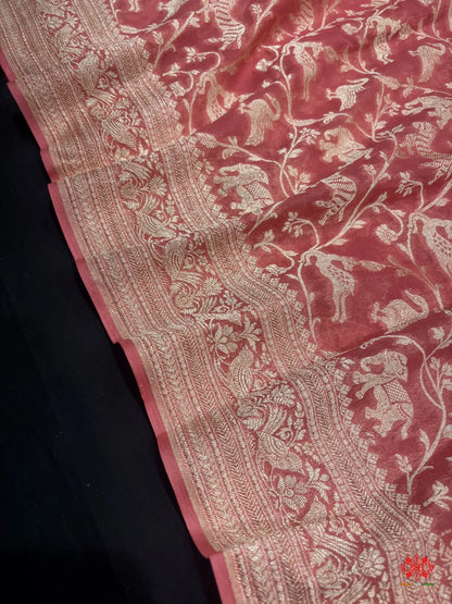 Shade Of Peach Pure Chiffon Metallic Zari Pure Banarasi Silk Saree - Chiffon Sarees -