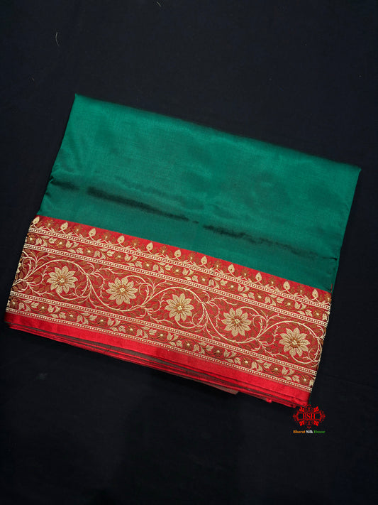 Pure Banarasi  Handloom Katan Silk Reshami Zari Saree In Shades Of Cadmium Green With Red Border - Pure Kataan Silk - 