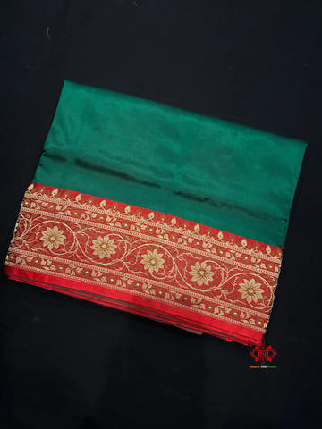 Pure Banarasi  Handloom Katan Silk Reshami Zari Saree In Shades Of Cadmium Green With Red Border - Pure Kataan Silk -