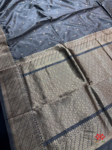 Pure Banarasi  Handloom Katan Silk Antique Zari Saree In Shades Of Grey - Pure Kataan Silk -