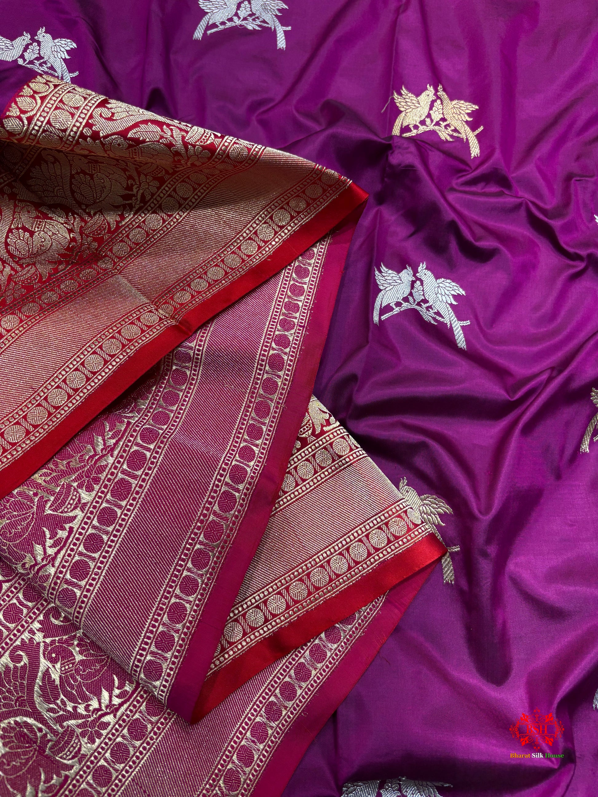 Pure Banarasi  Handloom Katan Silk  Antique Dual Zari Saree In Shades Of Wine - Pure Kataan Silk - 