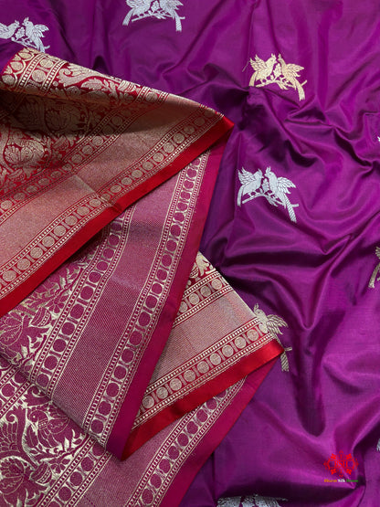 Pure Banarasi  Handloom Katan Silk  Antique Dual Zari Saree In Shades Of Wine - Pure Kataan Silk - 