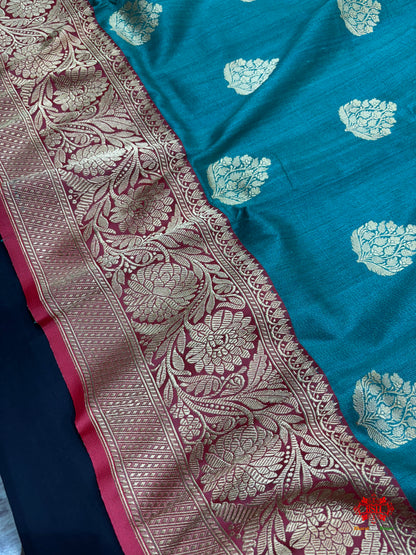Blue Shade Pure Banarasi Tusser Moonga Silk Saree - Pure Kataan Silk - 