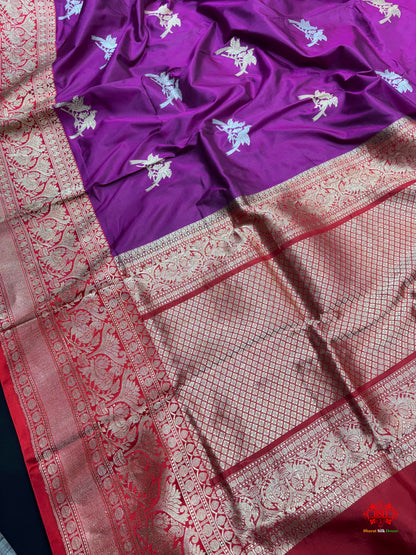 Pure Banarasi  Handloom Katan Silk  Antique Dual Zari Saree In Shades Of Wine - Pure Kataan Silk - 