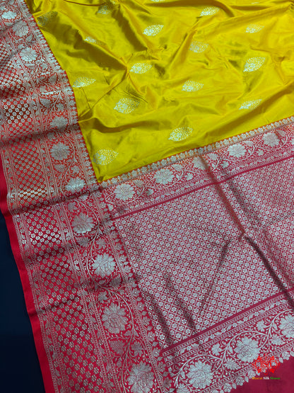 Pure Banarasi  Handloom Katan Silk Antique Zari Saree In Shades Of Yellow - Pure Kataan Silk - 