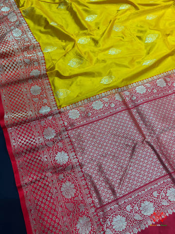 Pure Banarasi  Handloom Katan Silk Antique Zari Saree In Shades Of Yellow - Pure Kataan Silk -