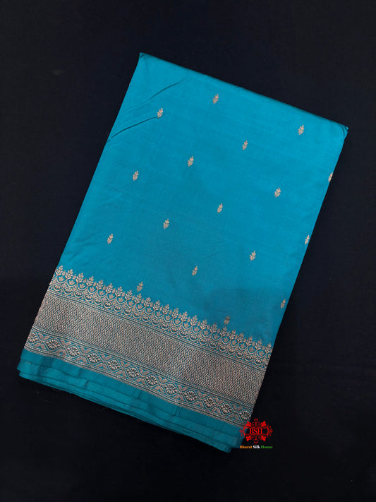 Pure Banarasi  Handloom Katan Silk Antique Zari Saree In Shades Of Firozi - Pure Kataan Silk - 