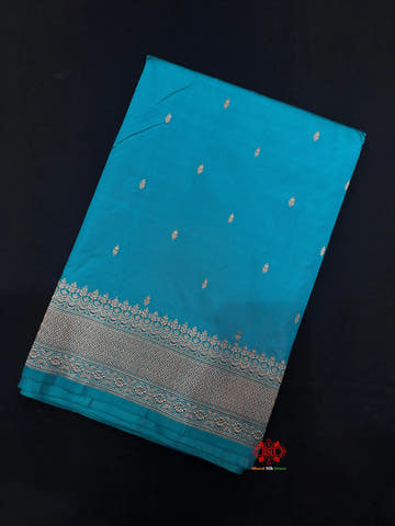 Pure Banarasi  Handloom Katan Silk Antique Zari Saree In Shades Of Firozi - Pure Kataan Silk -