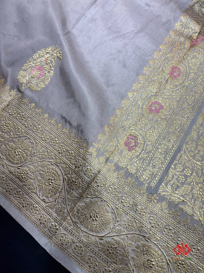 Pure Banarasi  Handloom Katan Silk Antique Zari Meenakari Saree In Shades Of Grey - Pure Kataan Silk -