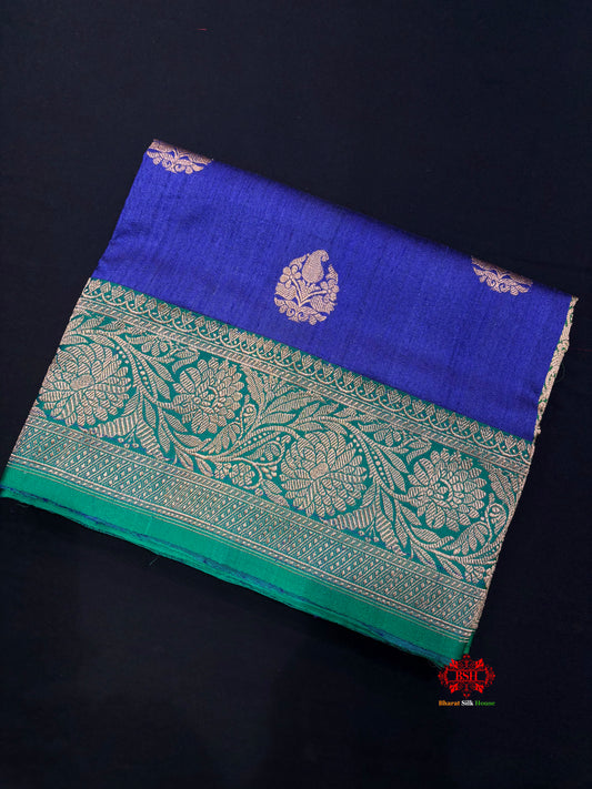 Blue Shade Pure Banarasi Tusser Moonga Silk Saree - Pure Kataan Silk - 