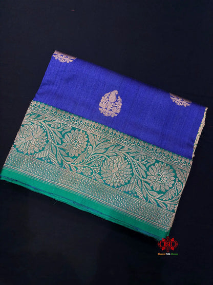 Blue Shade Pure Banarasi Tusser Moonga Silk Saree - Pure Kataan Silk -