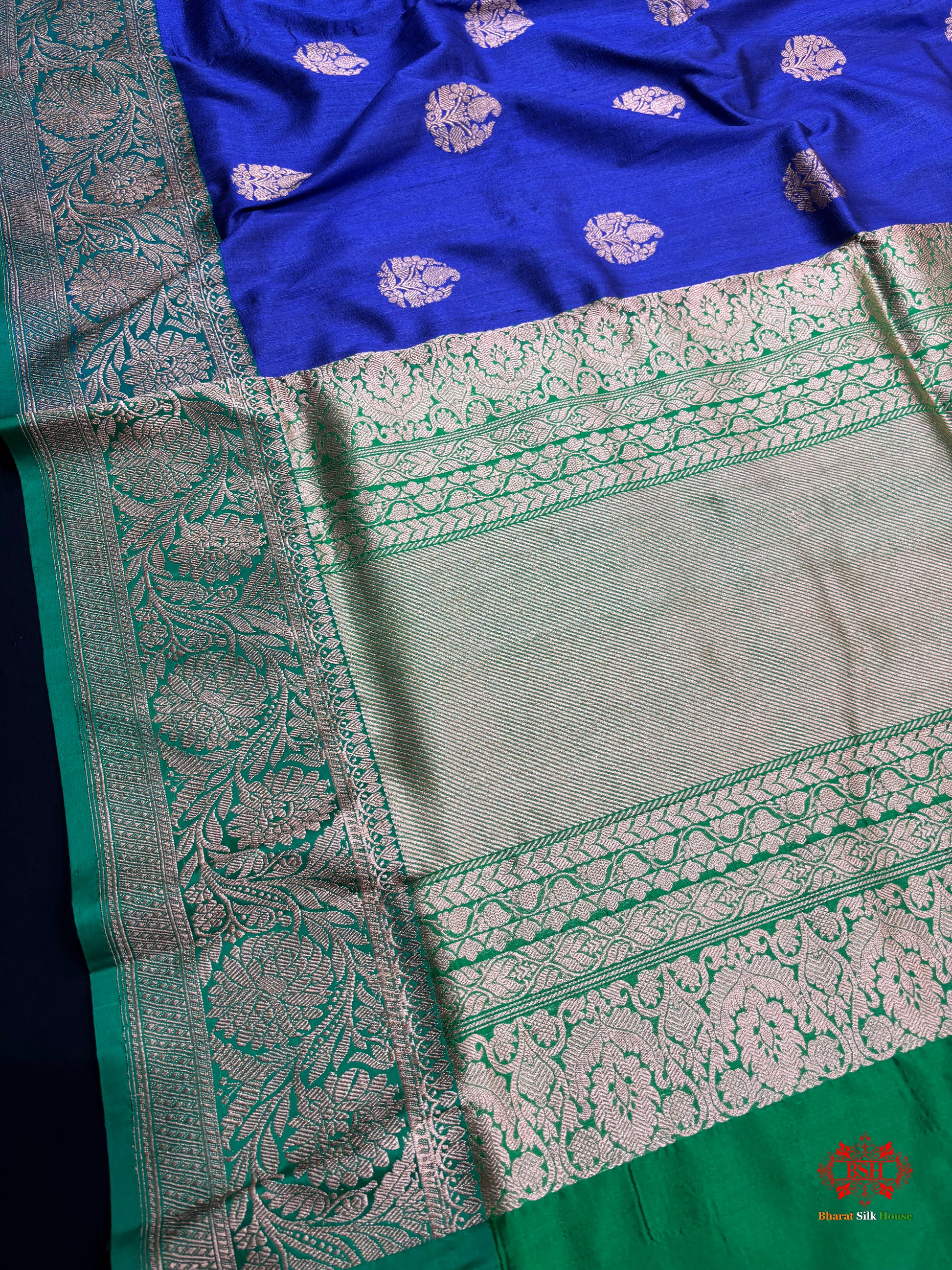 Blue Shade Pure Banarasi Tusser Moonga Silk Saree - Pure Kataan Silk - 