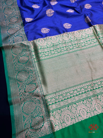 Blue Shade Pure Banarasi Tusser Moonga Silk Saree - Pure Kataan Silk - 