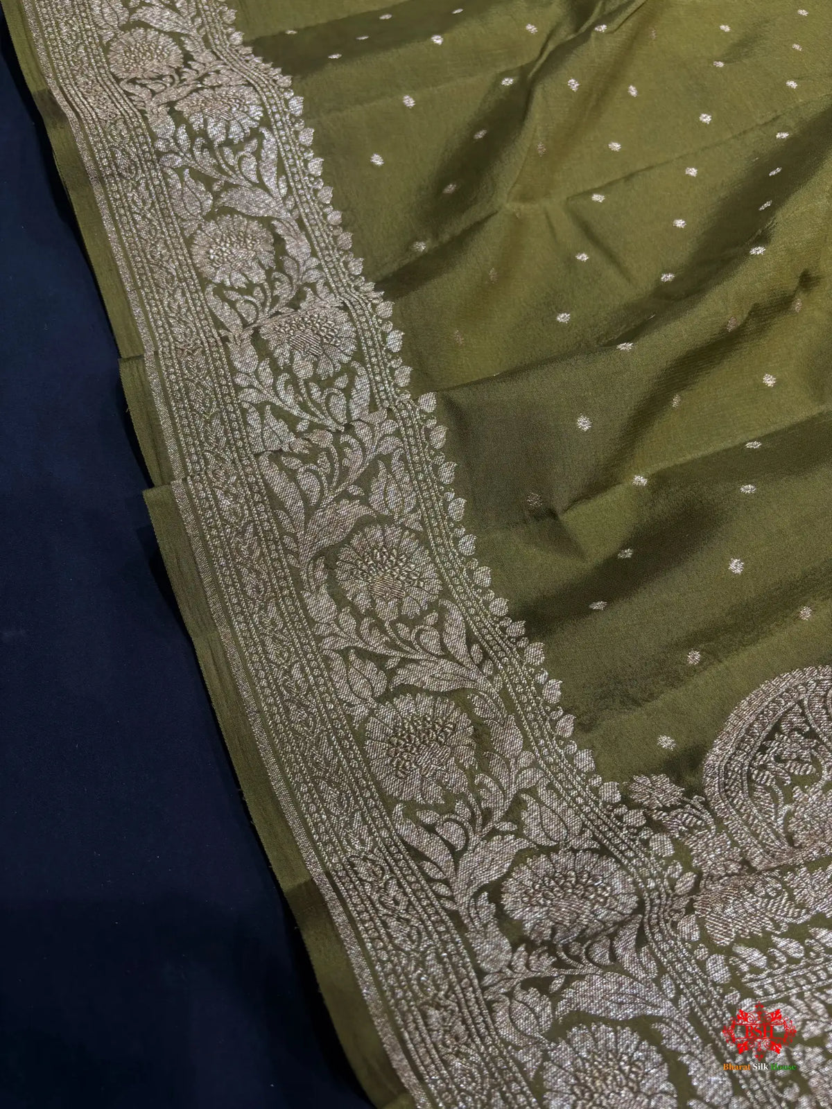 Pure Silk Crape Khaddi Georgette Saree With Antique Zari In Shades Of Green - Crepe Khaddi -