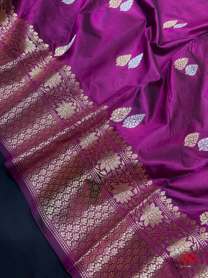 Pure Banarasi  Handloom Katan Silk  Antique Dual Zari Saree In Shades Of Wine - Pure Kataan Silk - 